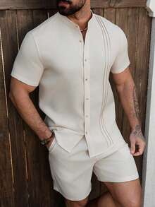 VENTUSAIL Men's Light Beige Summer Casual Beach Holiday Outfit,Mandarin Collar Pleated Short Sleeve Henley Shirt And Shorts Set,2 Piece Linen Set For Men,Nude - Apricot - View 5
