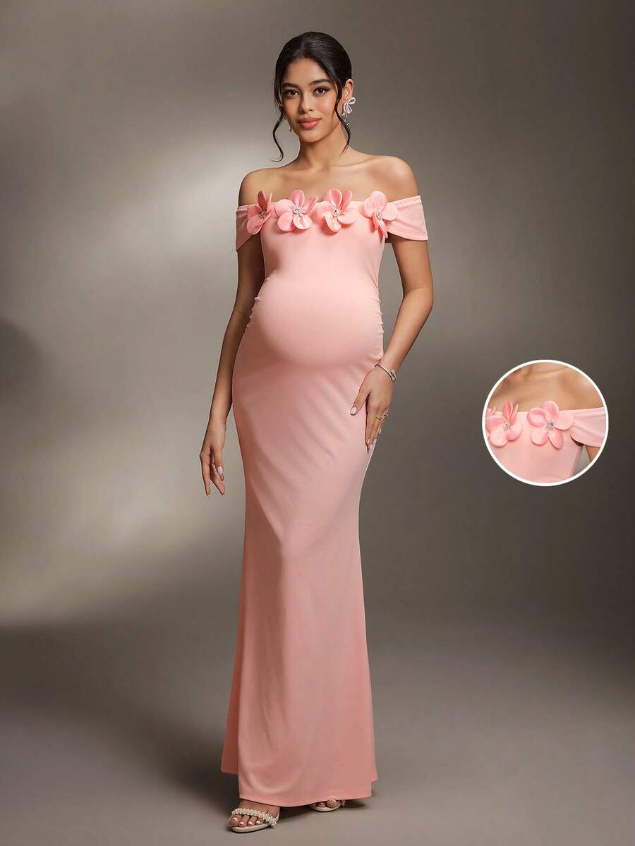 Cheriluna Maternity Maternity Photoshoot Dress With Waist Ruching And Off-Shoulder Design, Gray - Pink - View 1