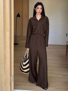 DAZY Women's Loose Solid Color Long Sleeve Collared Shirt & Wide Leg Casual Jumpsuit, Spring/Summer Jumpsuit For Women Lounge Sets For Women Business Casual Woman - Brown - View 3