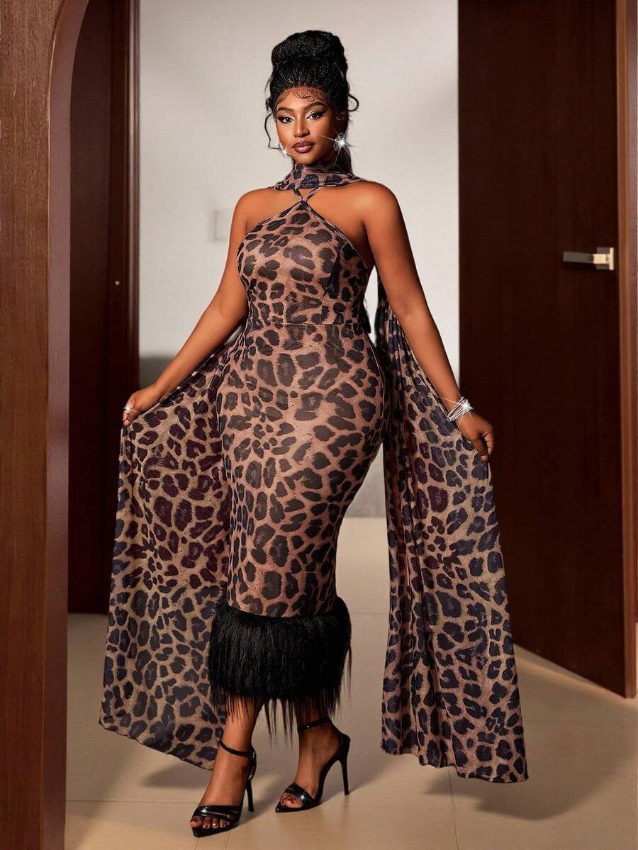 Maweii 加大码豹纹紧身露背连衣裙，配人造毛皮饰边和流苏下摆 + 披肩围巾，复古性感连衣裙 - 彩色 - 查看 1