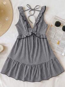 GlowEve Petite Artistry Women's Simple Ruffled Strap Solid Mini Dress, Black And White Checkered, Suitable For Summer Leisure & Vacation - Black and White - View 1