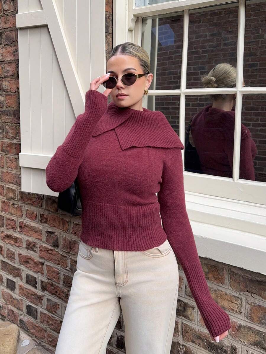 Bethéva 女士酒红色高领长袖修身毛衣，秋冬季 - 酒紅色 - 查看 1