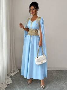 Elenzga Women's V-Neck Applique Shawl Collar Elegant Waist Cinched Long Party Dress - Baby Blue - View 4