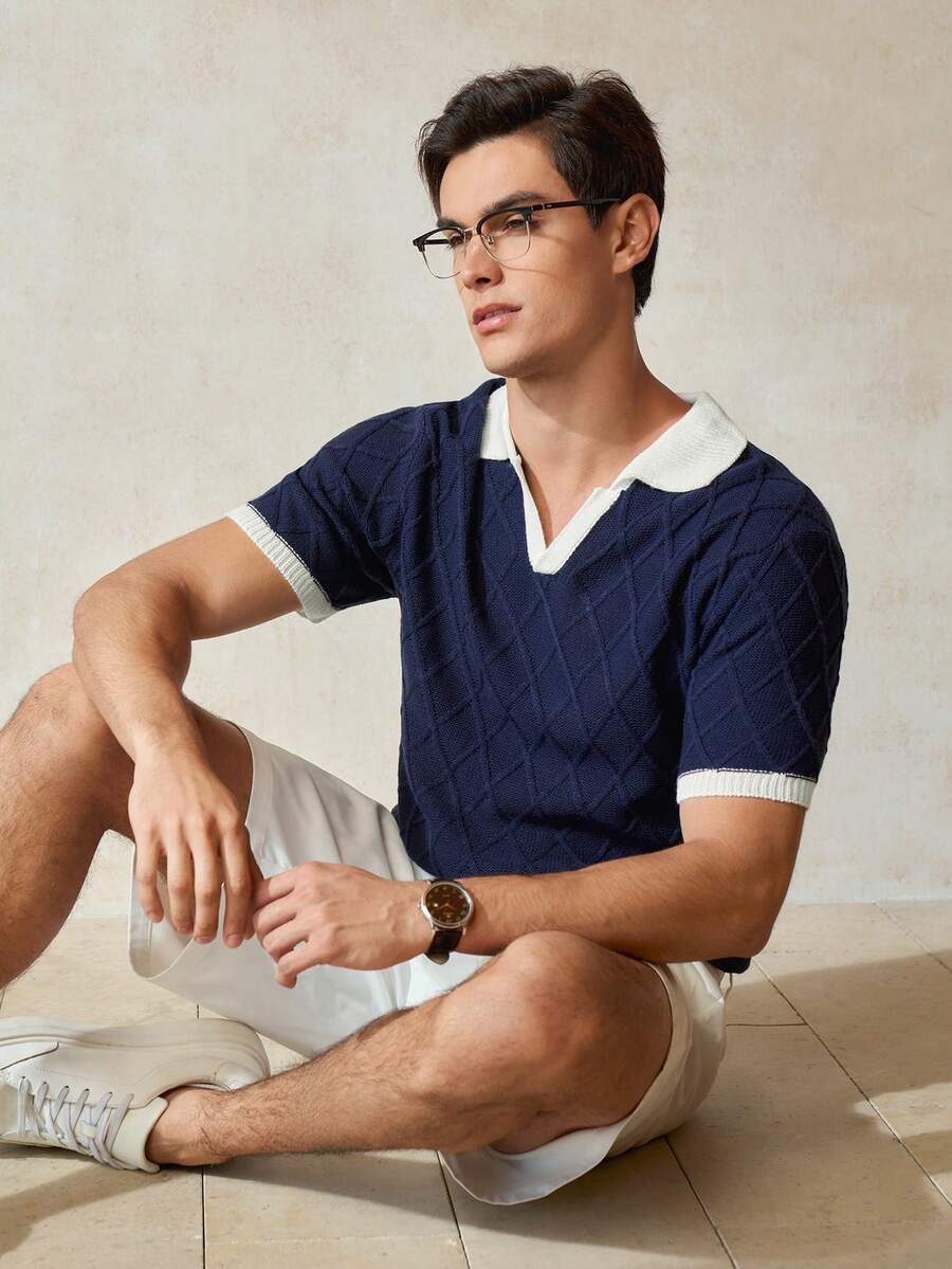 Manfinity Homme Men's Contrast Color Short Sleeve Casual Commuter Knit Top - Navy Blue - View 1