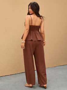 Elaquor Bộ đồ hè cỡ lớn dành cho nữ gồm áo hai dây và quần (2 món) - Gỗ đỏ - Xem 2