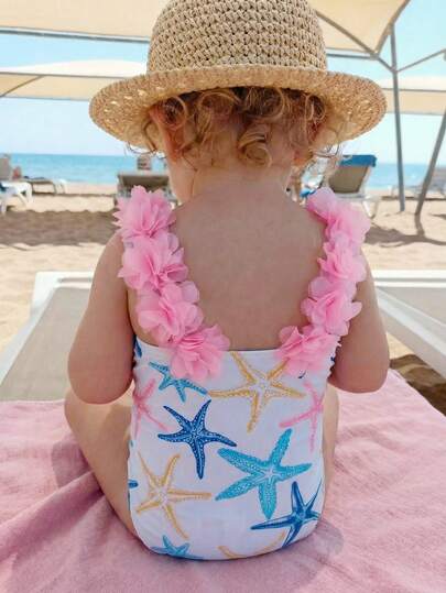 SHEIN Traje de baño de una pieza con estampado de estrellas de colores para bebés niñas, ropa de playa linda adecuada para nadar en verano