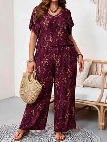 EMERY ROSE 大码女式碎花蝙蝠袖上衣和阔腿裤休闲两件套 - 酒紅色 - 查看 5