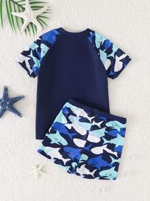 SHEIN 男童卡通鲨鱼印花泳衣套装，适合海滩游泳和玩耍 - 彩色 - 查看 9