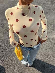 Muchica Women's Polka Dot Print Stand Collar Fitted Long Sleeve Bodysuit - Yellow - View 4