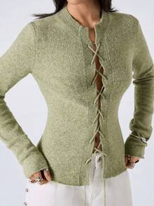 LYSMO 新款极简主义春季女式绿色系带长袖性感毛衣，春夏款，春季服装 - 綠色 - 查看 6