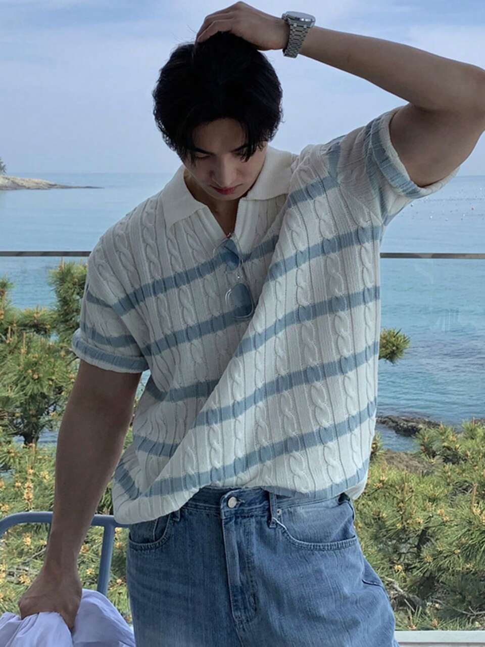 Men's Short Sleeve Blue Striped White Polo Collar Knit Top, Summer