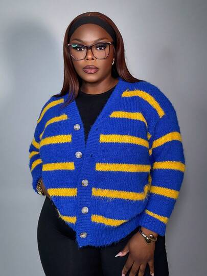 Truni 2025 Autumn/Winter Casual Colorful Striped V-Neck Cardigan, Suitable For Birthday Party, Daily Wear, Vacation, Cruise Travel, Beach, Sunbathing, Street Style, Plus Size Women