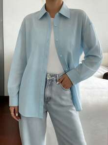 INAWLY Women's Loose Casual Shacket With Embroidered Fabric, Tie-Back Bowknot Design - Blue - View 4