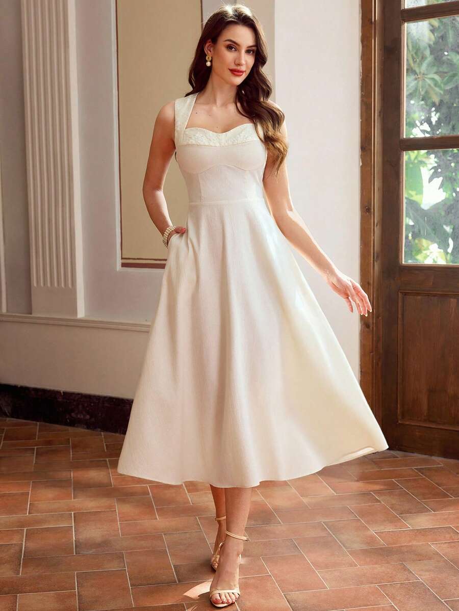 Vintamour 复古经典优雅女士连衣裙，秋冬季修身拼接提花吊带裙，杏色 - 杏色 - 查看 1