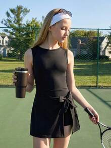 Tween Girls Black Casual Dress, Fashionable Activewear, Unique Hem Design, Detachable Bow - Black - View 3