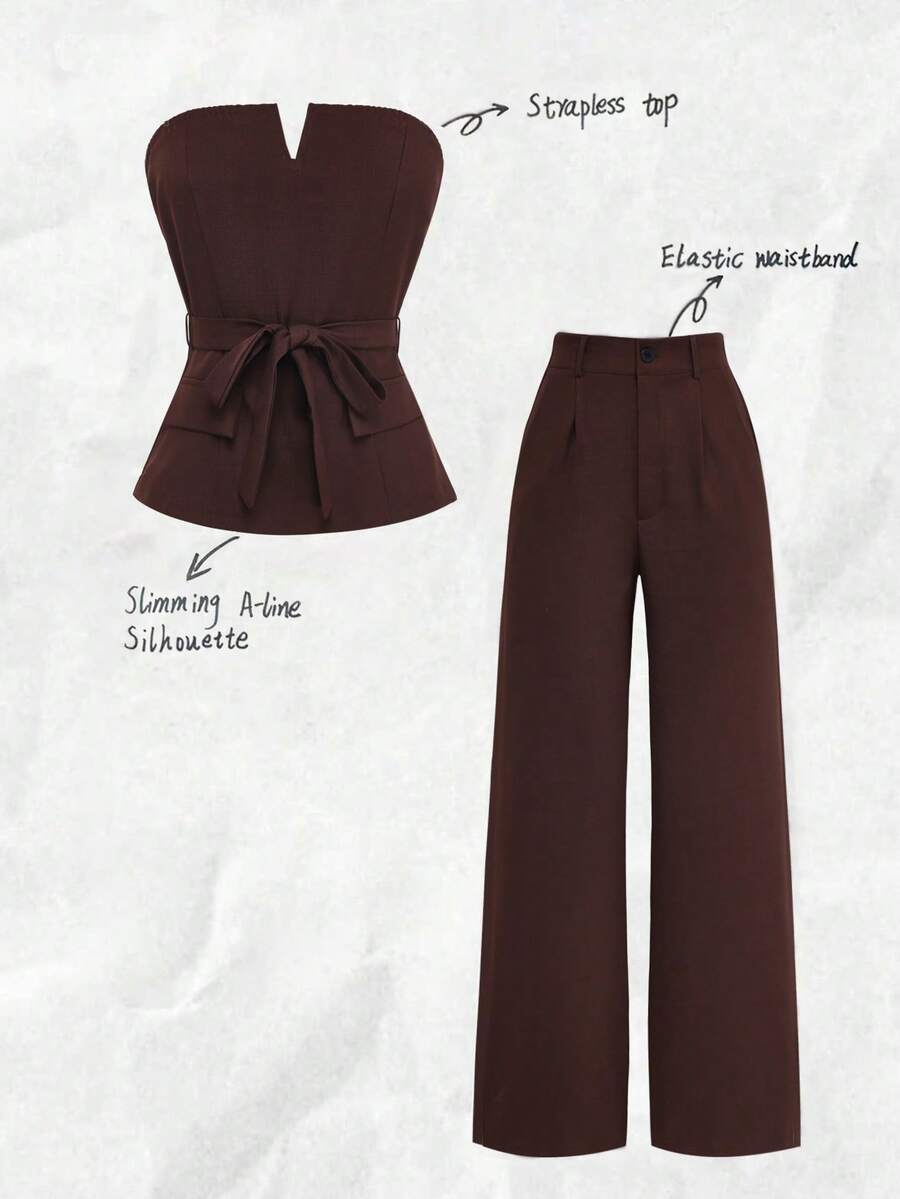 Olithes 复古时尚露肩抹胸上衣搭配直筒休闲裤，时尚又显瘦 - 棕色 - 查看 1