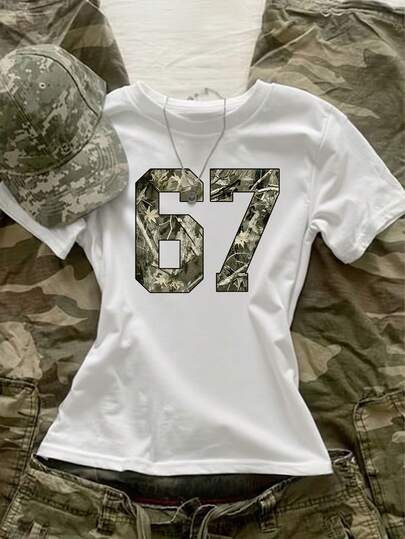 Glimmora Camiseta casual de mujer con estampado de hojas y números vintage, diseño elegante, versátil, adecuada para uso al aire libre, estudiantes y uso diario