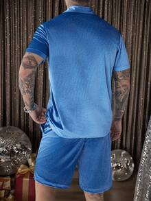 Manfinity AFTRDRK Men Velvet Shirt & Drawstring Waist Shorts Gold Shirt Menmen's Two Pieces Set - Blue - View 2