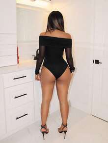 BamGleam Women's Sexy Sheer Mesh Patchwork Off Shoulder Bodysuit, Summer - Black - View 2