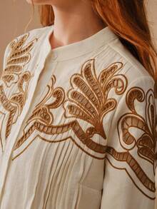 MOTF PREMIUM WOMEN'S LOOSE EMBROIDERED FOLD PLEATED LONG SLEEVE BLOUSE - Apricot - View 2