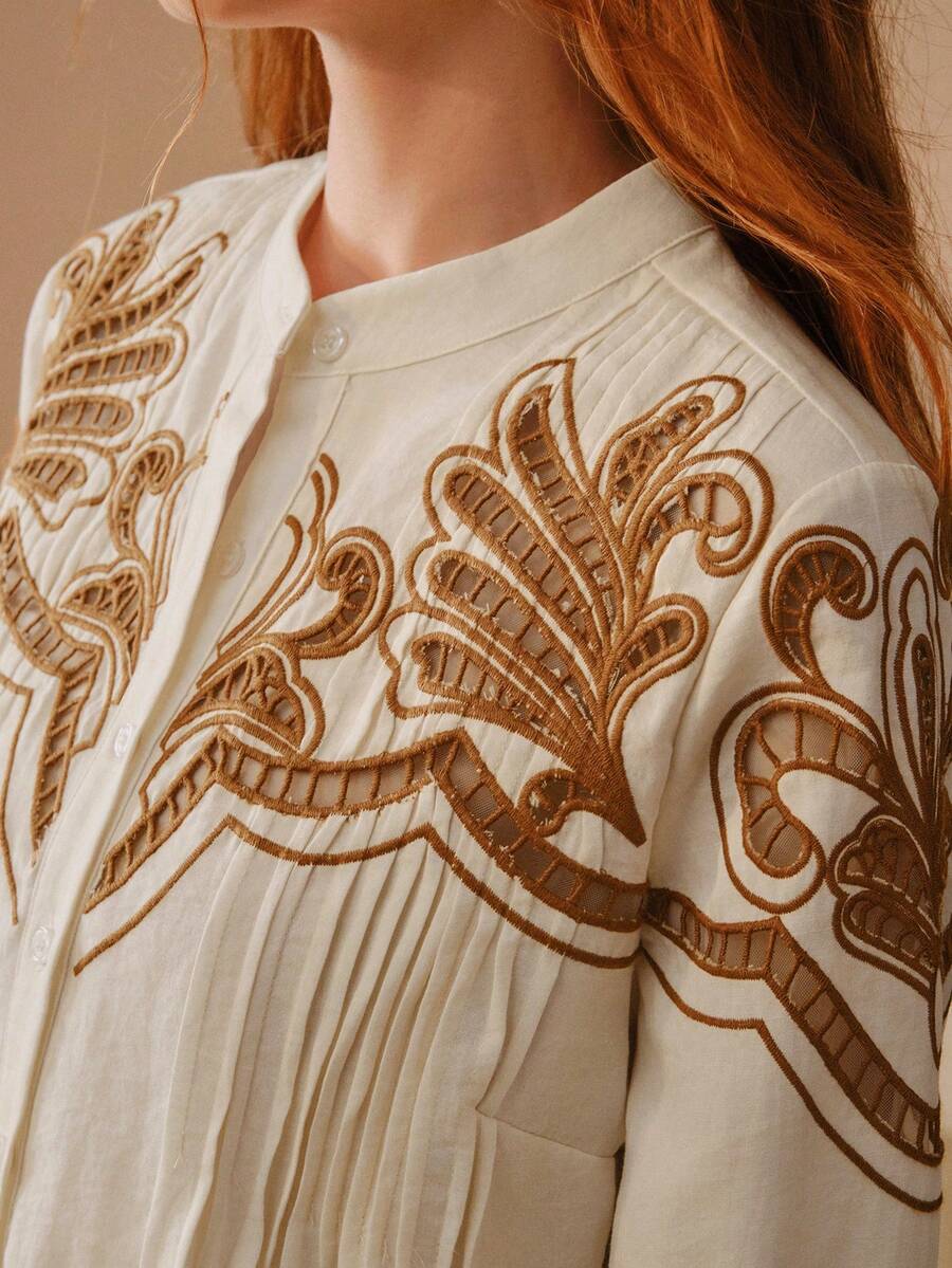 MOTF PREMIUM WOMEN'S LOOSE EMBROIDERED FOLD PLEATED LONG SLEEVE BLOUSE - Apricot - View 2