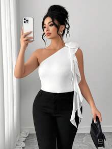 Elenzga Women's New Knitted Elastic Oblique Shoulder Collar Fitted Top With White 3D Floral Decor, Asymmetrical Ruffle Trim, Elegant French Minimalist Style For Commuting Women Elegant Outfits Women's White Top - White - View 4