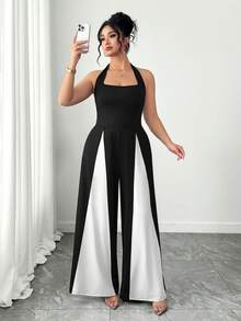 SHEIN Tall CURVE Bộ jumpsuit nữ cỡ lớn phối đen trắng, kiểu dáng thường ngày đơn giản, thời trang giúp thon gọn vóc dáng, thoải mái khi mặc đi làm, phong cách trẻ trung năng động thành thị. - Đen và trắng - Xem 4