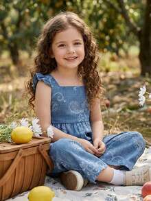 Vintaside Kids 1pc Vintage Casual Slim Fit Unique Cherry Print Jumpsuit, Suitable For Outdoor Summer And School - Blue - View 5