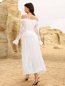 Modelyn Women's V-Neck Ruffle Trim Waist Lace Fabric Elegant Blouse + Pleated Skirt, Spring/Summer - White - View 7