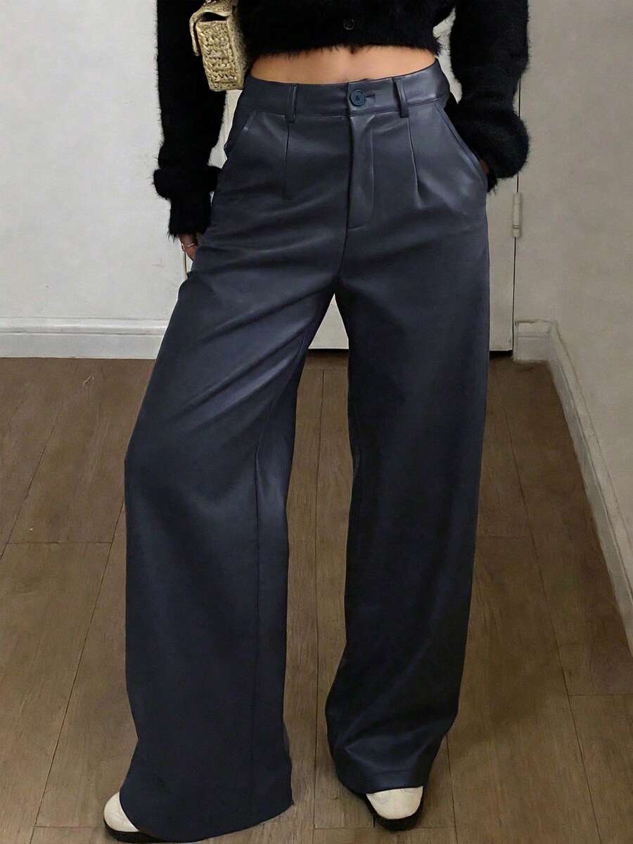DAZY Pantalones anchos de cintura baja y sueltos de cuero sintético de moda casual y versátil para mujer - Azul Marino - Ver 1