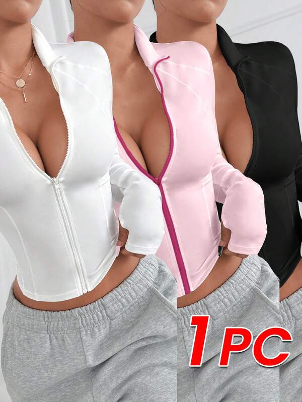 Easithlete Chaqueta deportiva con cremallera, color liso de uso casual minimalista para el día a día