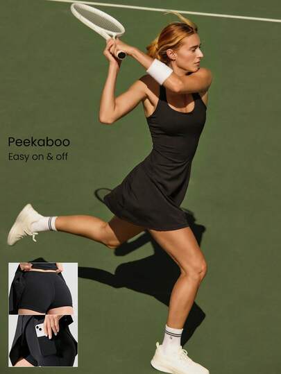 GLOWMODE FeatherFit™-Air Peekaboo Mini Dress With Built-In Shorts Pocket Square Neck Anti-Slip Crisscross Light Support Low Impact Quick Dry Moisture Wicking