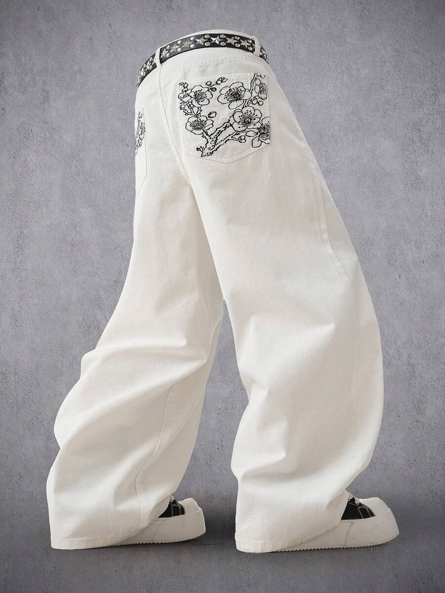 Manfinity Denimwave 男士印花口袋宽松休闲牛仔裤 - 白色 - 查看 1