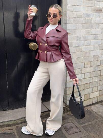 Bethéva Jaqueta minimalista em cores contrastantes, casaco de manga comprida para o início do outono, jaqueta feminina chique, para sair, Ano Novo, Natal, jaqueta feminina de inverno, jaqueta feminina de outono, jaqueta estilo Ankora Old Money, jaqueta de PU vermelho vinho para o trabalho e ocasiões casuais elegantes, jaqueta de PU com botões de metal na cintura