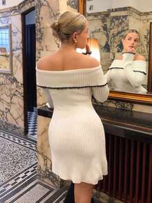 Bethéva Elegant & Sexy White Contrast Lace Patchwork Off Shoulder Flare Sleeve Waist Cinched A-Line Mini Sweater Dress, For Autumn & Winter, Fall And Winter, Elegant, Blackand, White, Longsleeve - White - View 2