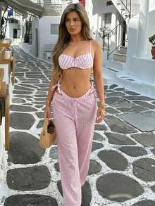 Swim SXY 3件套女士印花吊带条纹上衣和侧边抽绳泳裤泳装套装 - 彩色 - 查看 4