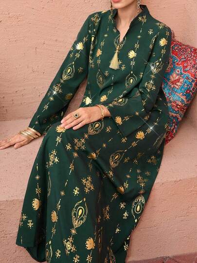 Al Najma New Luxury Gold Foil All-Over Print Notch Neck Fringe Trim Loose Turkish Robe