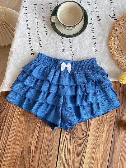 SHEIN Young Girls's Casual Spring/Summer Butterfly Decor Multilayer Bow Strip Print Cake Shorts,Suitable For Spring And Summer,Suitable For Girls Daily Wear