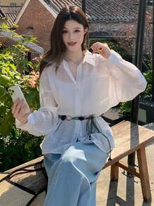 DAZY Áo kiểu nữ dài tay thêu hoa, chất liệu mỏng nhẹ, dáng rộng, thích hợp cho mùa hè. - Màu xanh nhạt - Xem 8