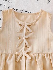 SHEIN Vintaside Kids 2pcs/Set Baby Girls' Fashionable & Cute Sleeveless Vest Top With Ruffle Collar And Elastic Waist Pants Outfit, Suitable For Spring/Summer, 3 Months - 3 Years Old - Apricot - View 6