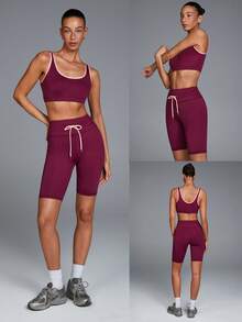 Menodora SHEIN Sport 女士露脐背心和短裤两件套运动服 - 酒紅色 - 查看 1