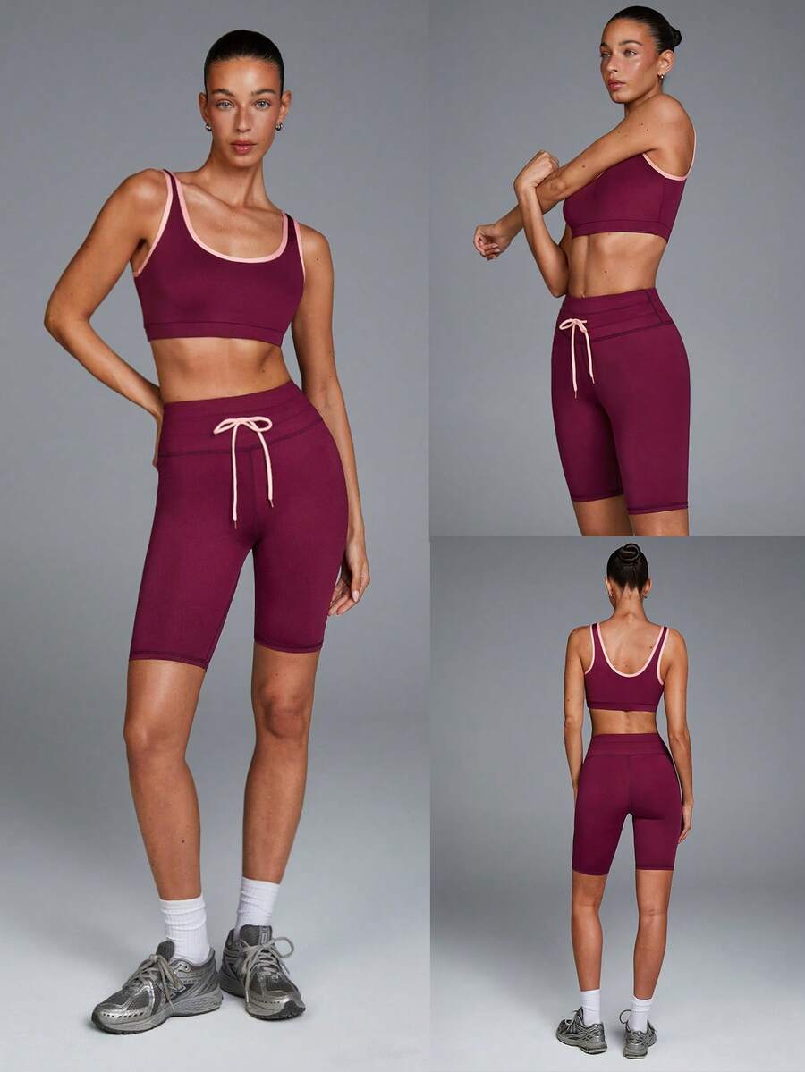 Menodora SHEIN Sport 女士露脐背心和短裤两件套运动服 - 酒紅色 - 查看 1