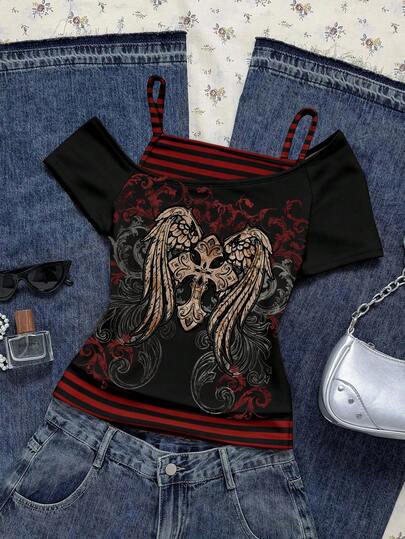 Attitoon Casual Vintage Punk Y2K Versatile Party Gathering Black & Red Striped Wing Distressed Cross Print Pattern, Music Festival Outfit, Gothic Outfit, Women's Summer Outdoor Grunge Retro Chic Y2K Colorblock Short Sleeve T-Shirt
