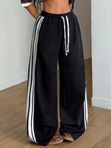 Coolane 女士春夏街头休闲复古运动日基础款简约返校学院风条纹纹理装饰弹力腰带黑色阔腿运动裤 - 黑色 - 查看 7