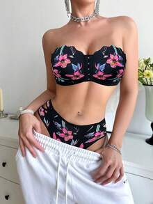 女士浪漫花卉印花交叉露背前扣文胸和内裤套装 - 彩色 - 查看 7