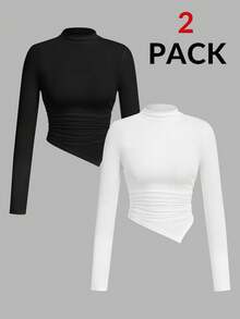 SHEIN PETITE 2件套不对称下摆高领长袖T恤高领修身女款上衣 - 彩色 - 查看 2