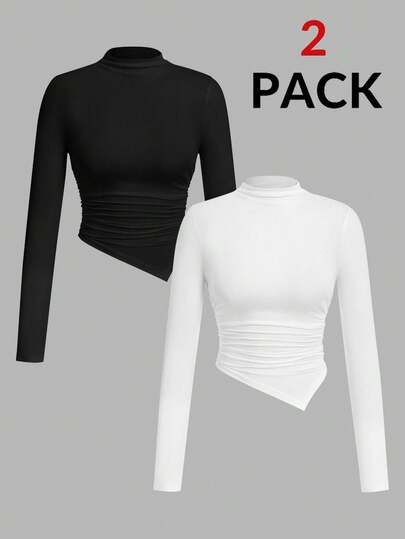 SHEIN PETITE 2pcs/Set Asymmetrical Hem Mock Neck Long Sleeve T-Shirt High Neck Tops Fitted Tops Women