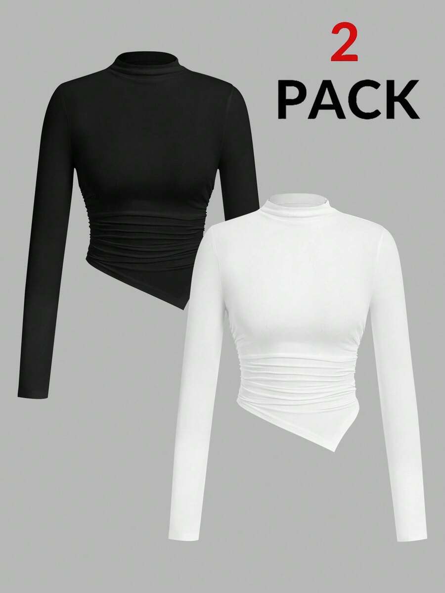 SHEIN PETITE 2件套不对称下摆高领长袖T恤高领修身女款上衣