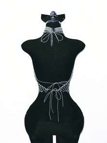 EgrlEra Women's Hollow Out Rhinestone Embellished Sexy Halter Crop Top - Light Grey - View 2