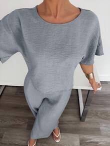 Siren Gaze 2pcs Women Solid Color Pleated Shirt And Pants Casual Suit Comfy Two Piece Set Gray 2 Lounge Sets Woman Comfortable Set,Work Outfits For - Light Grey - View 3